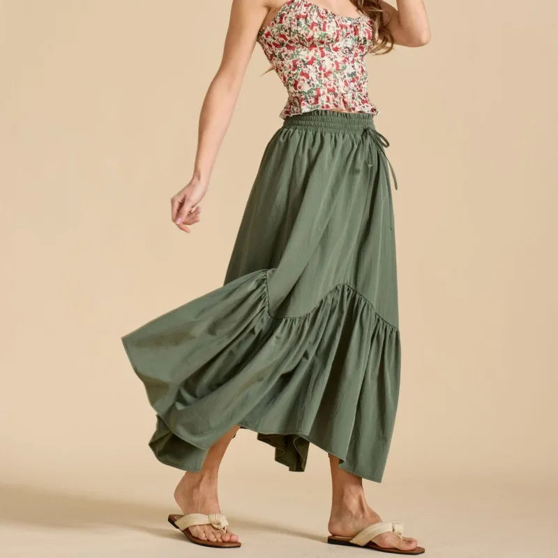 Summer Boho Maxi Skirt Women's Adjustable Drawstring High Waist Cascading Ruffles Artistic Flare European Vintage Style Sexy