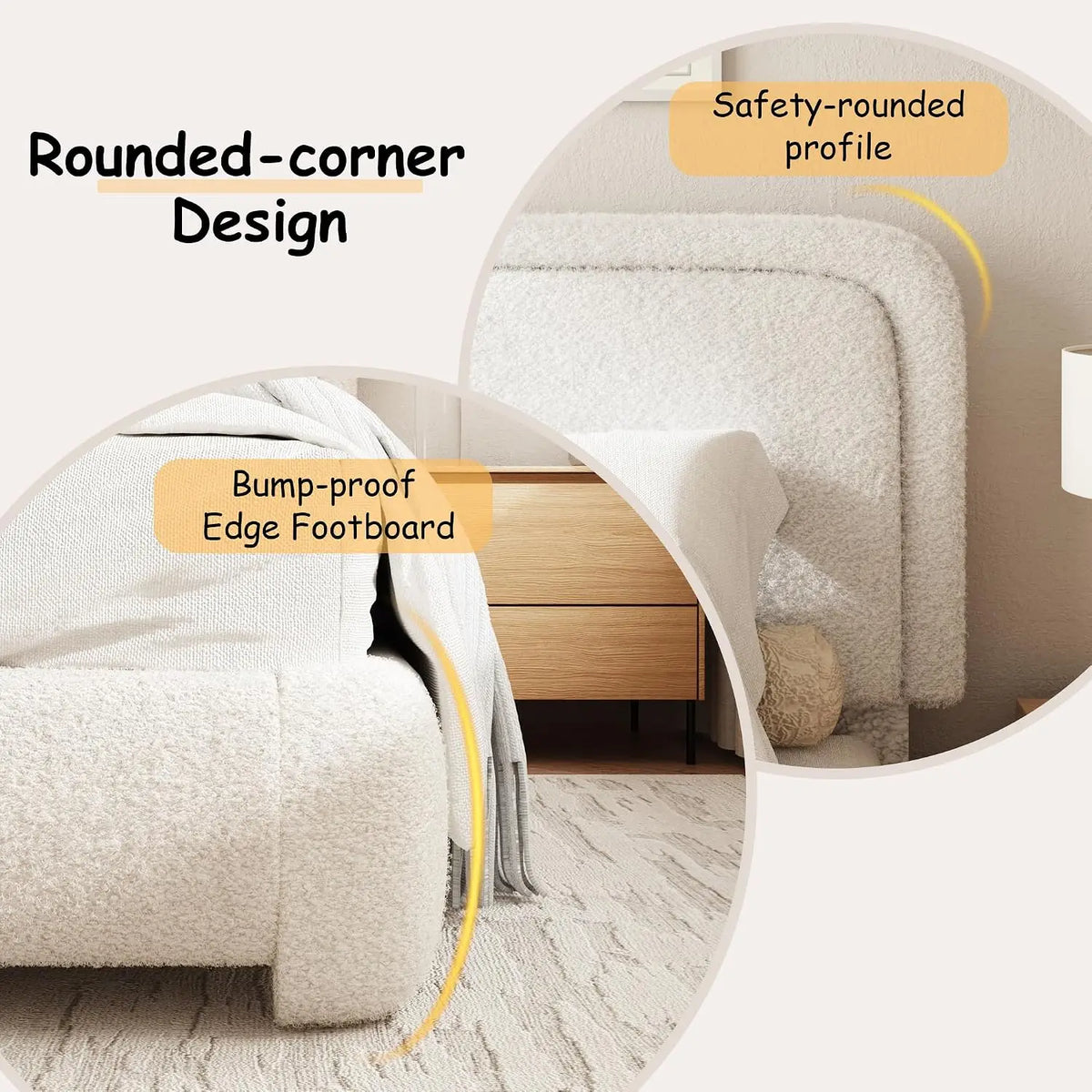 Boucle Upholstered Platform Bed with Adjustable Headboard & Rounded Corners, King Size, No Box Spring, Noise Free, White, Custom