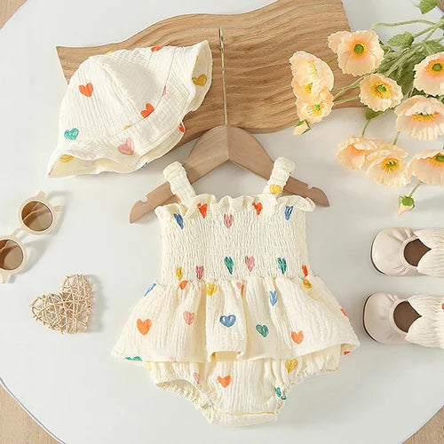 Baby Girl Sleeveless Romper and Hat Set - Cotton Print, 0-24M