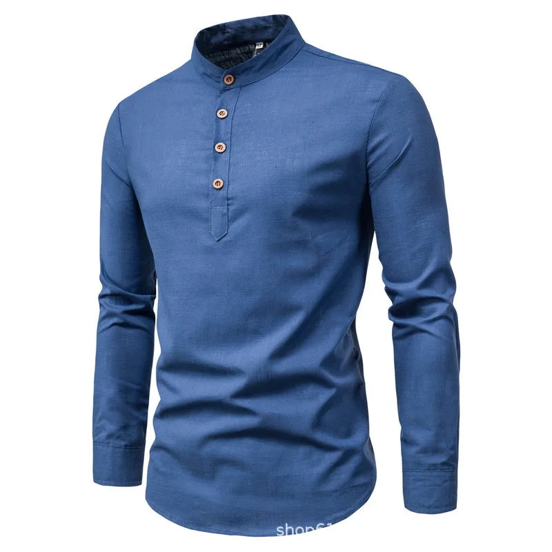 Men's Solid Color Casual Slim Fit Stand Collar Long Sleeve Shirt