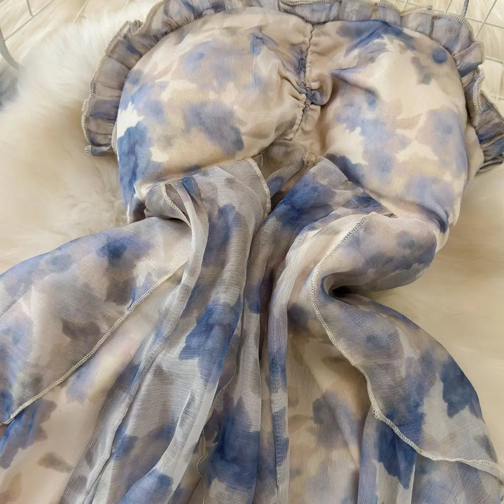 Fashionable Beach Vacation Strapless Backless Slimming Print Chiffon Dress with Ruffle Hem Gradient Coloring Knitted Fabric