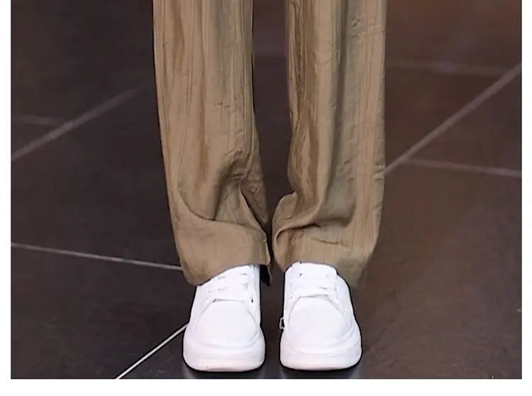 Women's Ice Silk Wide Leg Pants - High Waist Loose Casual Trousers