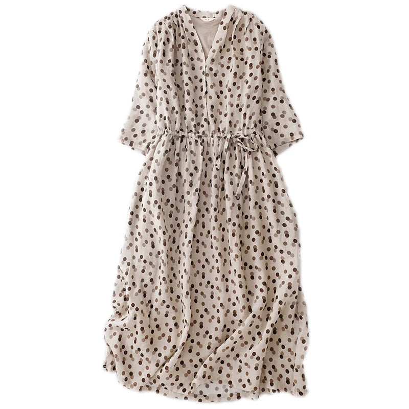 Elegant Large Size Slimming Women's Spring Summer New Hemp Polka Dot Print Artistic Temperament Dress Cotton Linen Material