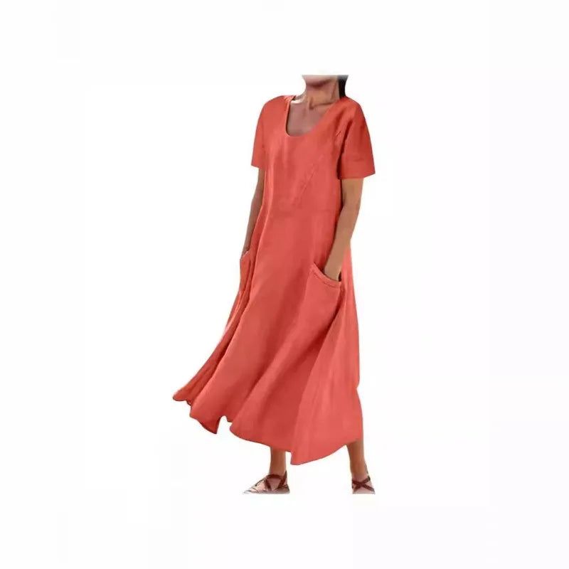 Women Solid Cotton Linen Round Neck Short Sleeve Loose Flowy Maxi Dress EU US Gown