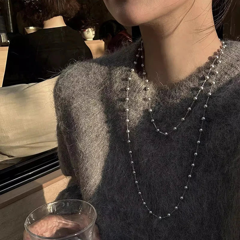 Elegant Double-layer Simulated Pearl Chain Necklaces Women Exquisite Bikini Dress Necklace Beach Jewelry Dinner Party Gift K-
