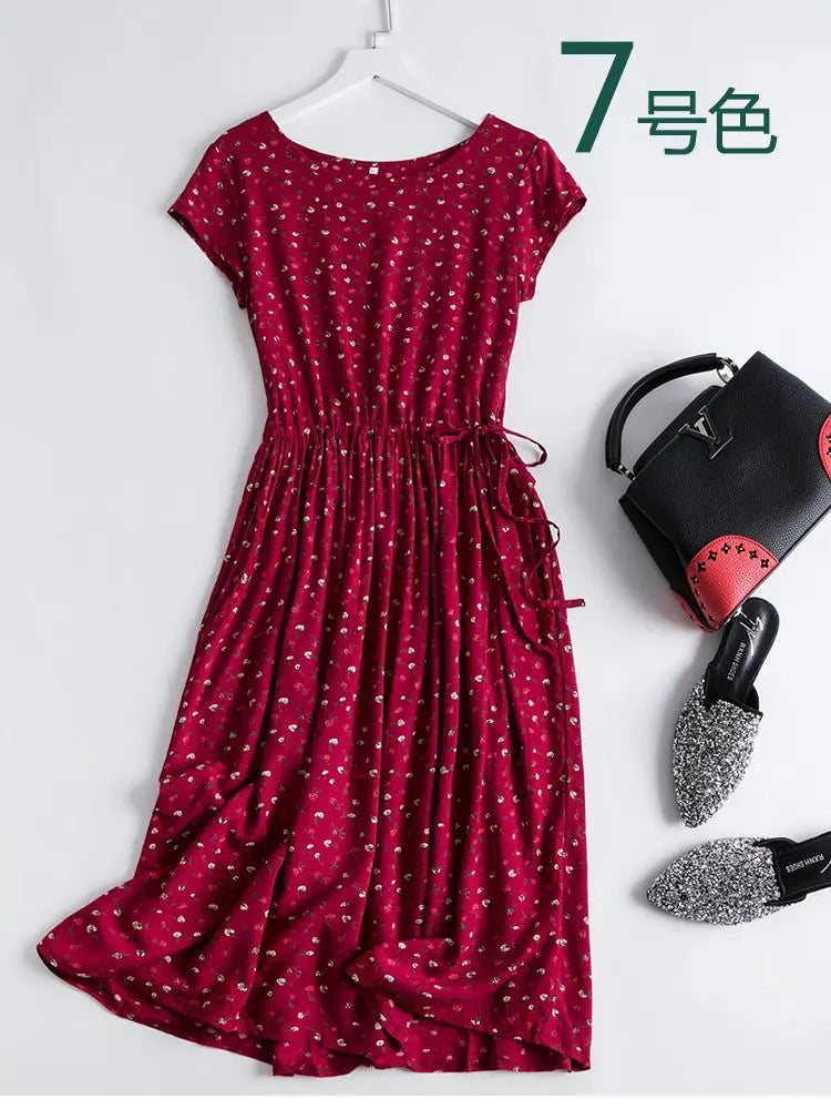 Cotton Silk Dress Women's Short Sleeved 2026 Summer New Ladies Slim Round Neck Temperament Beach Print Dresses