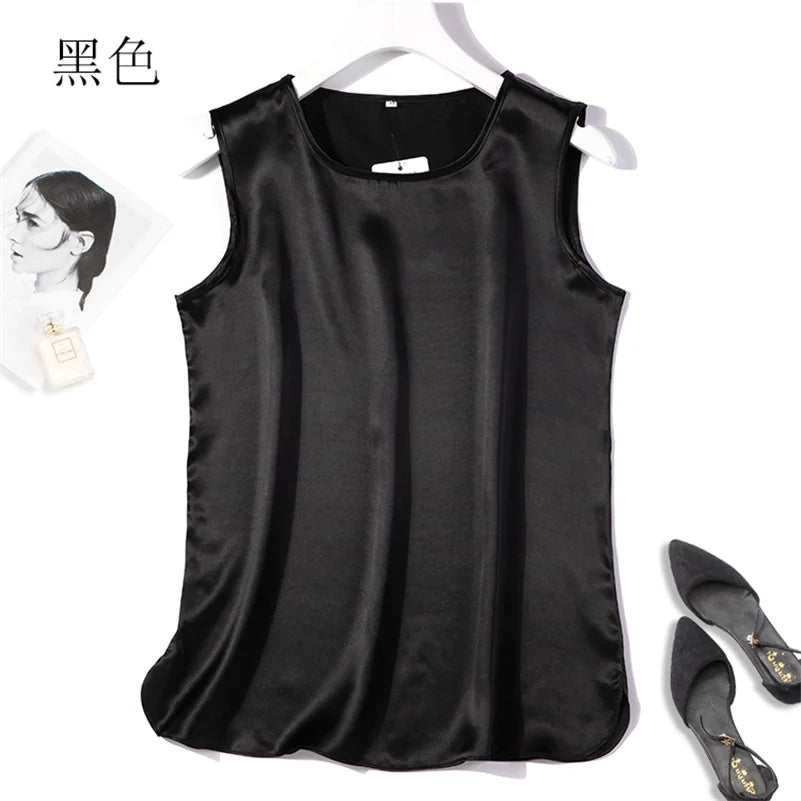 Elegant Fashion Satin Tank Tops Office Lady Blouse Shirts plus  Summer Slim Sleeveless Vest Women Simple O-neck Tops y2k clothes