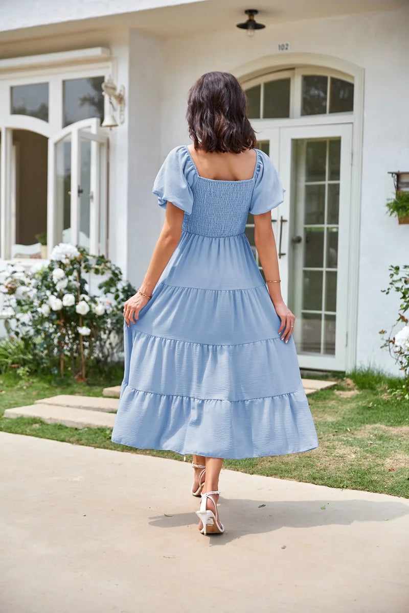 2026 Spring Summer Elegant Women's Long Dress Fashionable Solid Color Square Neck Puff Sleeve Pleated Slim Fit Loose Hem Dress