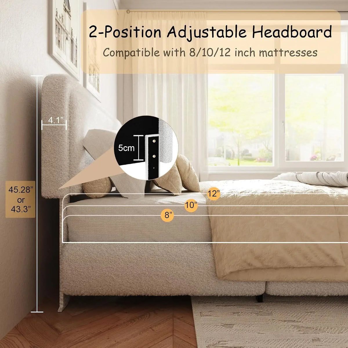 Boucle Upholstered Platform Bed with Adjustable Headboard & Rounded Corners, King Size, No Box Spring, Noise Free, White, Custom
