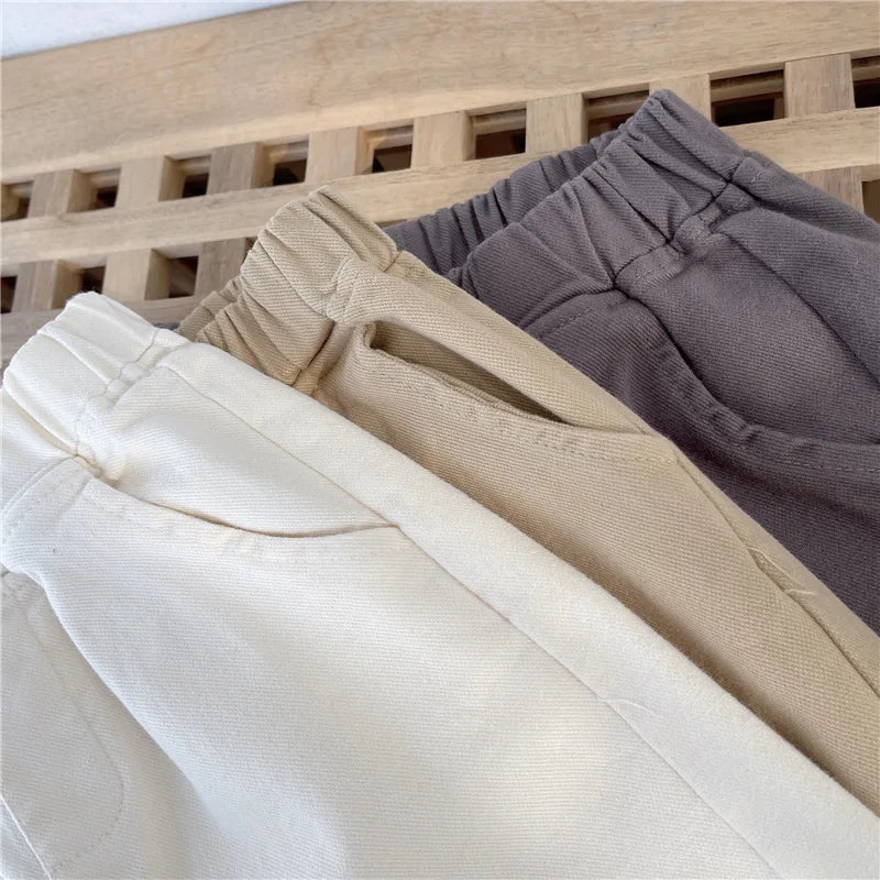 2-7Y New Autumn Casual Pants Solid Color Elastic Waist Pants with Side Pockets for Boys Girls Cotton Trousers Daily