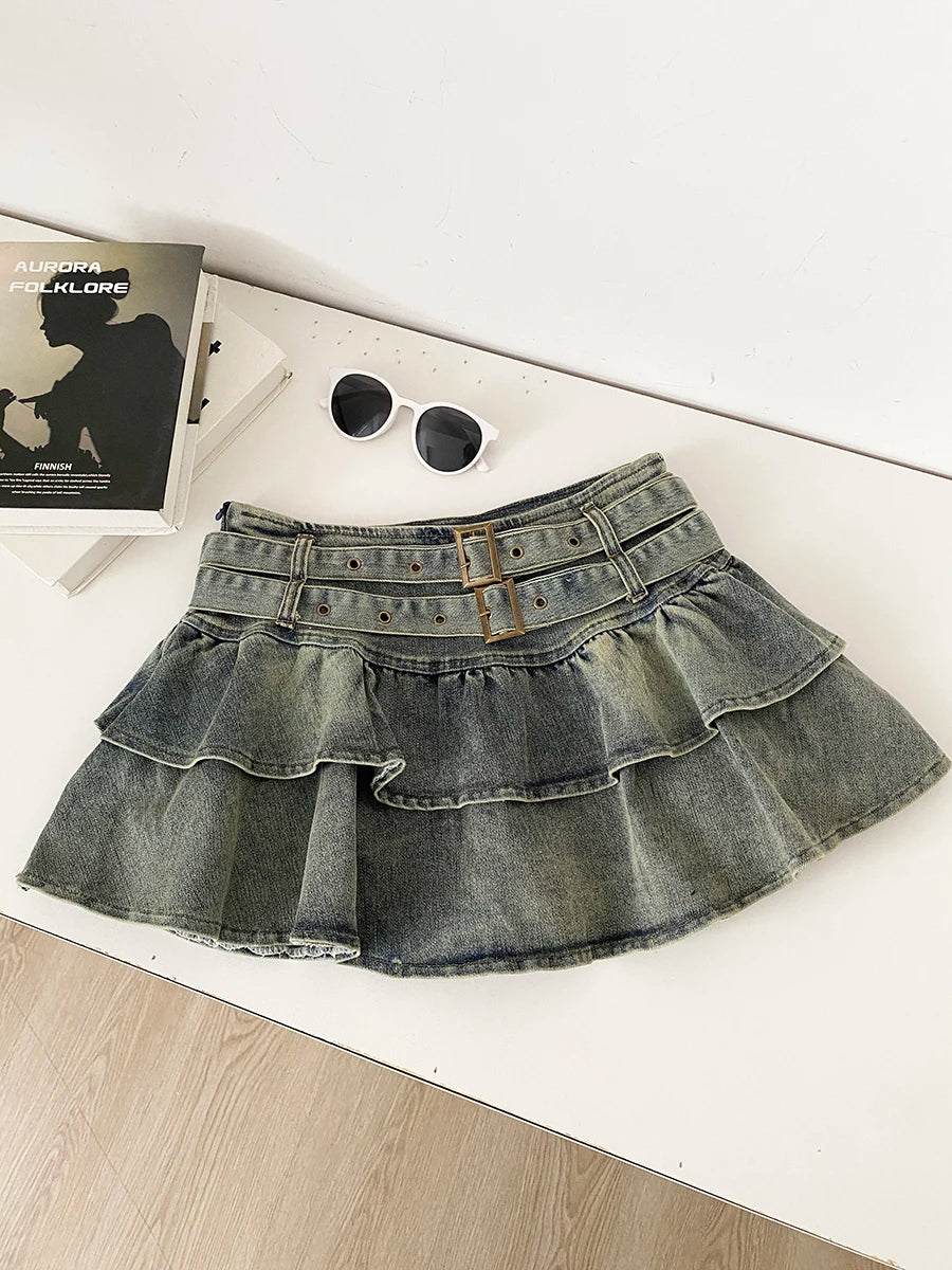 Low Waist Denim Skirt Women's Spring 2026 New Style Double Belt Anti-Light Short Skirt Casual High Waist Polyester Fiber