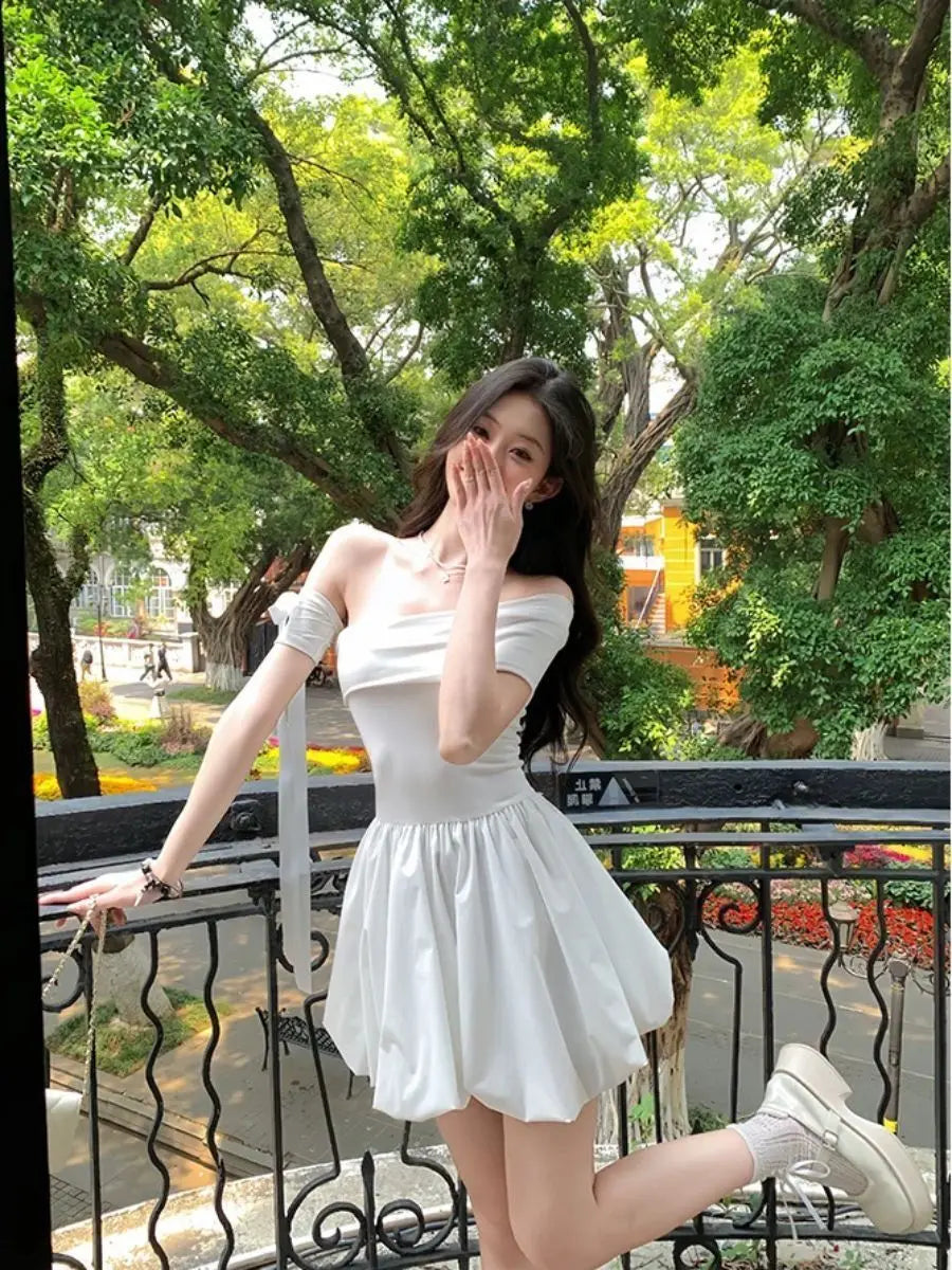 Black Off Shoulder Mini Dress With Bow Decor Ruched Waist Flared Silhouette For Women