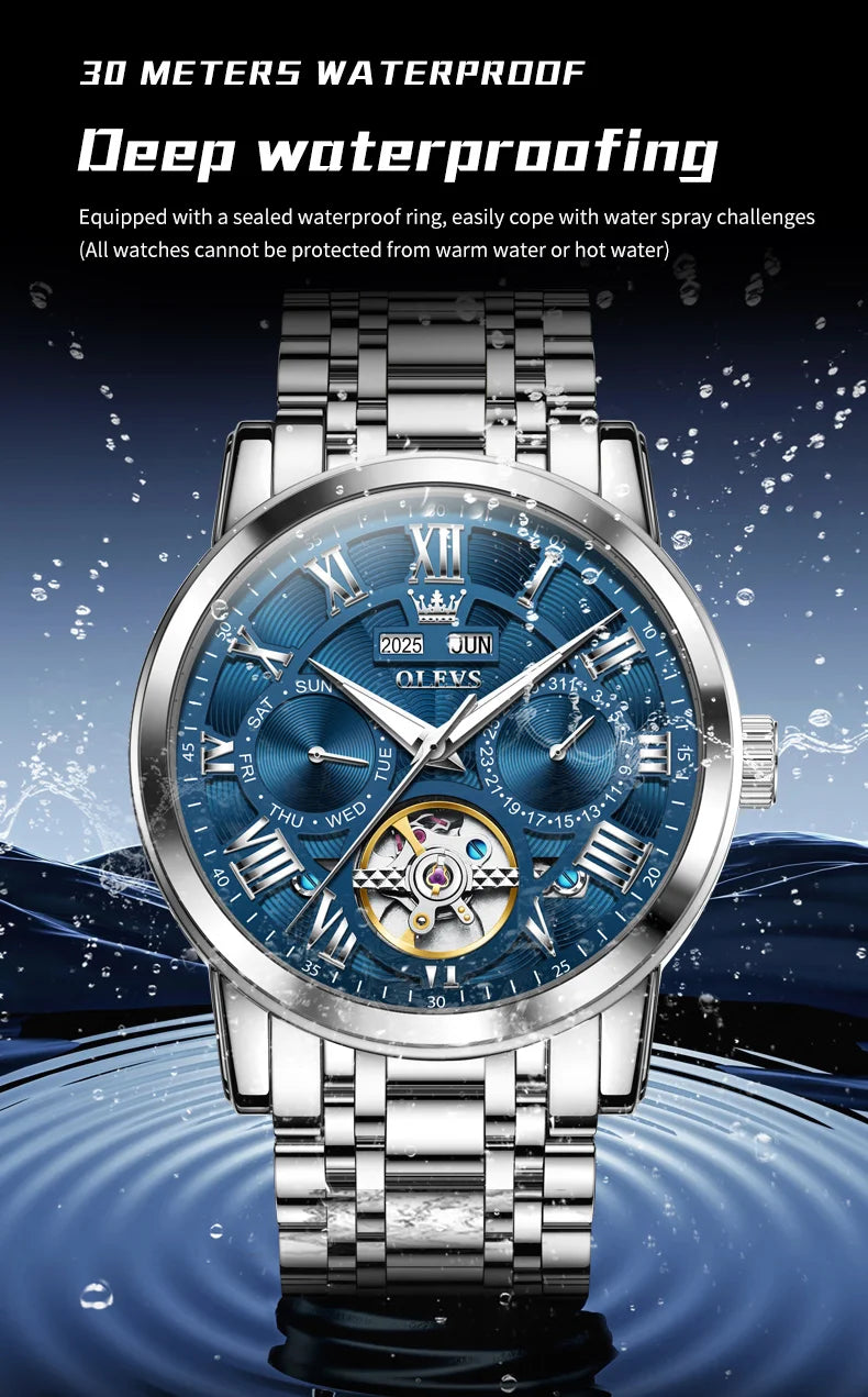OLEVS 6668 Original Men's Watch Multifunctional Skeleton Waterproof Stainless steel Strap Business Automatic Mechanical Watches