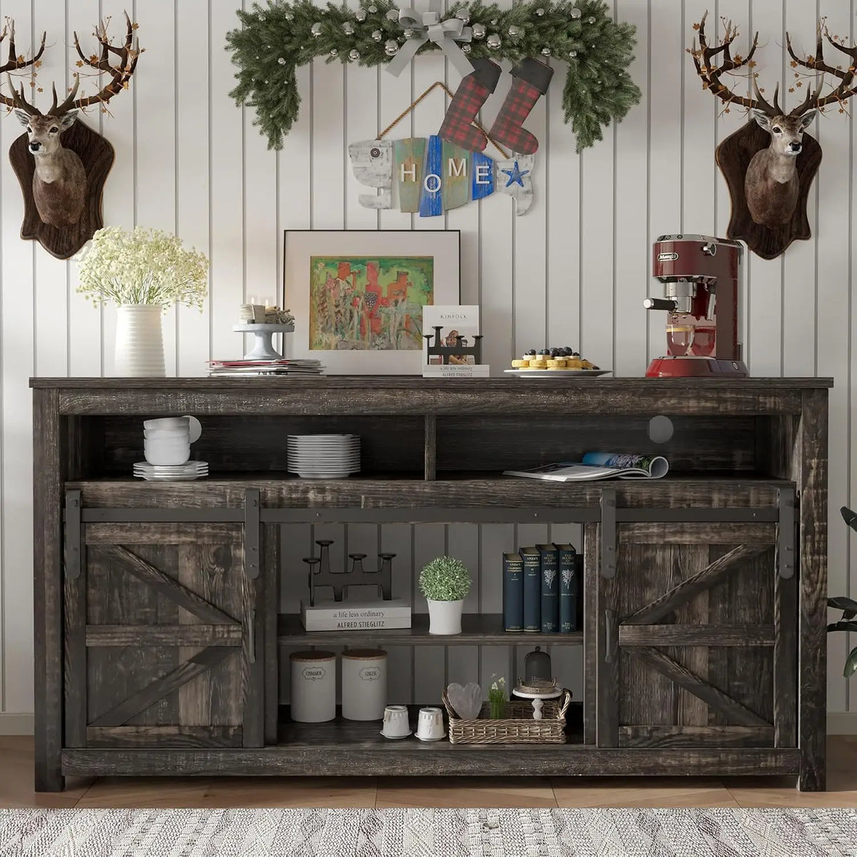 58" Farmhouse TV Stand Fireplace & Sliding Barn Door, Rustic Media Console 2 Shelves Living Room, Dark Oak, Customized