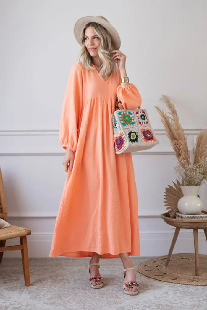 100% Cotton Gauze Muslin Night Dress For Women Sexy V-Neck Long Sleeve Maxi Party Birthday Dress Beach Boho Sundress