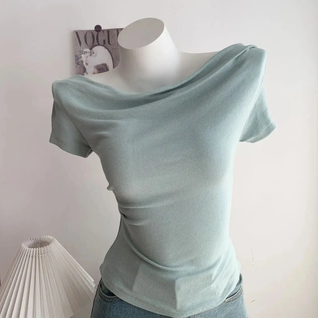 Summer Short Sleeve T-Shirt Shoulder Bared Open Neck Irregular Pleated Korean Style Slim Fit Pure Color Modal Fabric Ladies Top