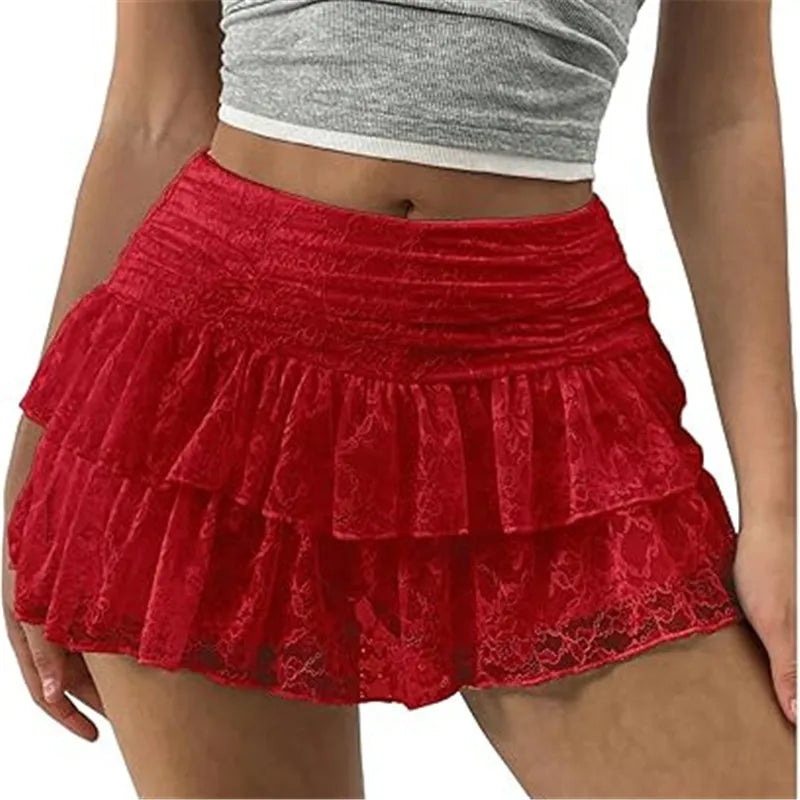 Ladies Cute Ruffle Bloomer Skirt Summer Floral Lace High Rise Tiered Flowy Mini A Line Skirt