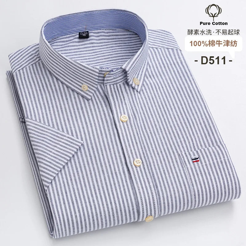 7XL Classic Men's Short Sleeve Shirt 100% Oxford Cotton Casual Plaid Stripe Shirt Business Men's Shirts Short Sleeve Large Size
