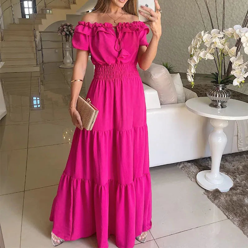 Summer Sexy Off Shoulder Slash Neck Ruffle Beach Party Dress Elegant Women Fashion Red Lace-up Pleated Holiday Long Dresses Robe