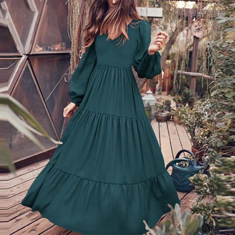 Woman's Solid Color V Neck Dress Elegant A Line Maxi Dress with Pleated Long Sleeves Femme Robe Solid Color Big Swing for Dating