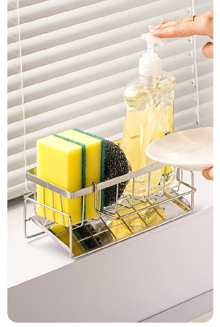 Rejilla de almacenamiento de herramientas de limpieza de fregadero, escurridor multifuncional de acero inoxidable para cocina, organizador de esponjas y detergentes, colgador de trapos