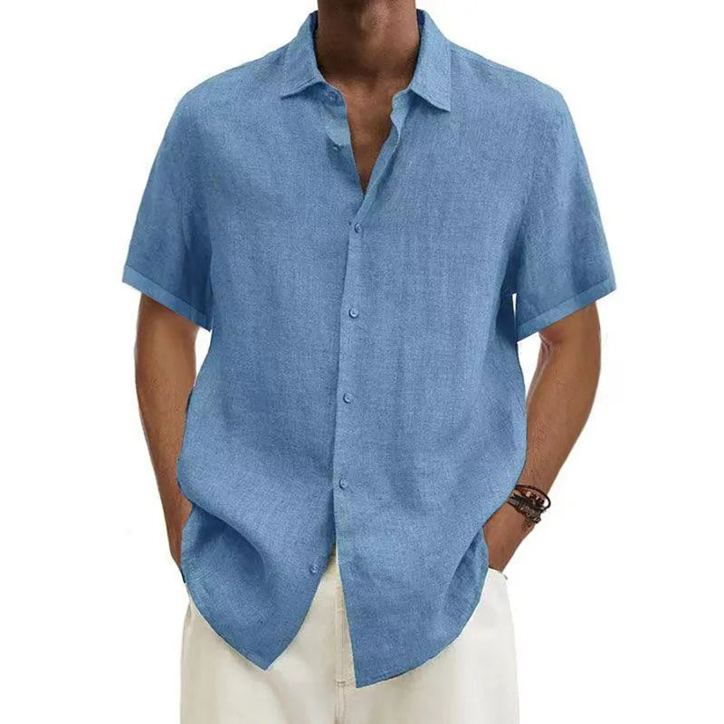 Men's Cotton Linen Button Short Sleeve Shirt Loose Fit Classic Collar Trendy Casual Summer Fashion Pure Color Youth Clothing