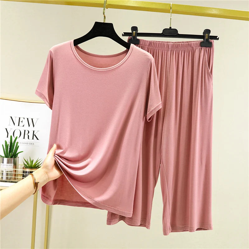Summer Lightweight Modal Sleepwear Casual Loose Short Sleeve T-Shirt Women's Seven-Piece Pants Outdoor Large Size Leisure Set