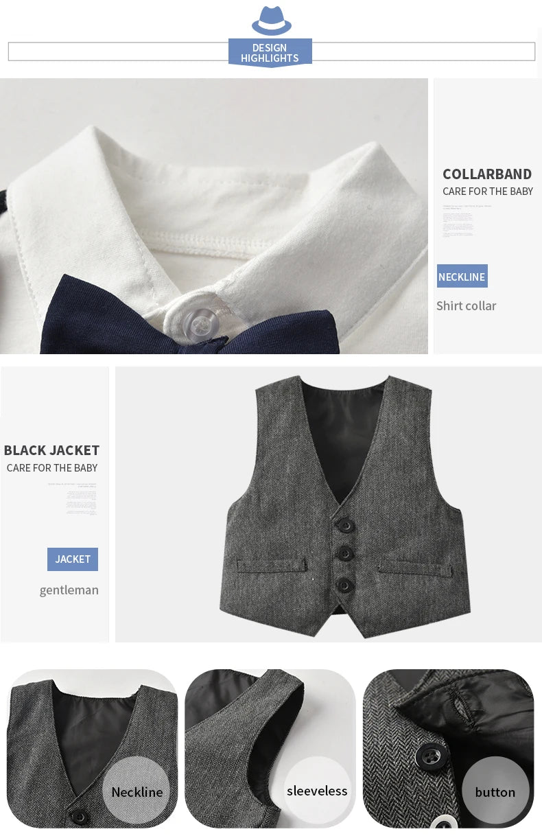 Baby Boys Gentleman Suit Formal 1st Birthday Newborn Outfit One-piece Jumpsuit+Vest+Bowtie+Suspender Toddler Clothes 1 2 3 years