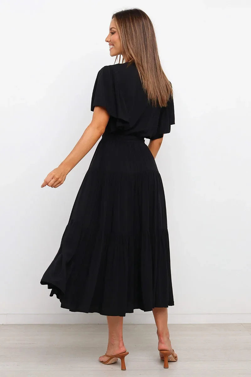 Summer Bohemian Long Dress Pure Color V-Neck Short Sleeve Empire Waist Design Floor Length with Belt Loose Fit Women's Dress
