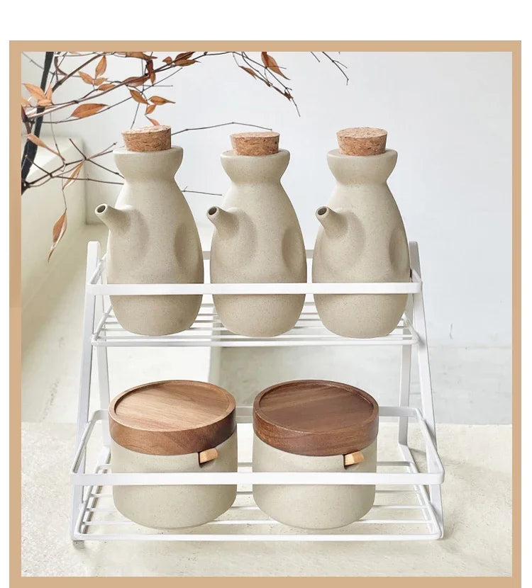Ceramic Seasoning Jar Retro Japanese Style Home Kitchen Salt Chili Sugar Jar Oil Pot Wooden Lid Spice Kitchen Utensils Modern