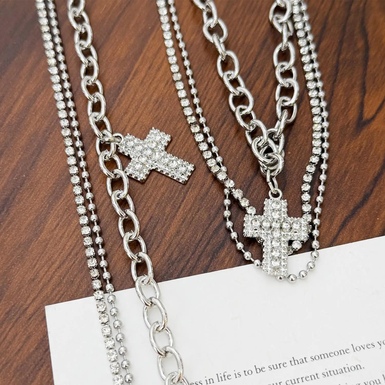 Y2K Rhinestone Cross Pendant Necklace Double Layered Silver Color Chain Choker Gothic Necklaces Party Jewelry Women Accessories