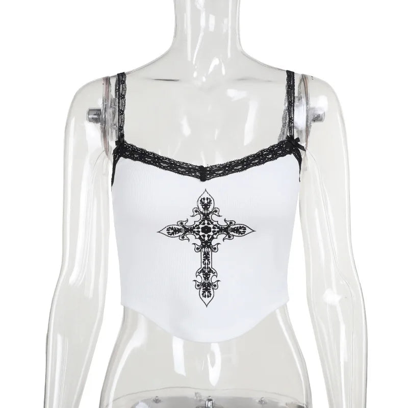 Women Summer Sexy Y2K Hot Girl Slim Fit Tank Top, European and American Street Style Printed Lace Top for Women