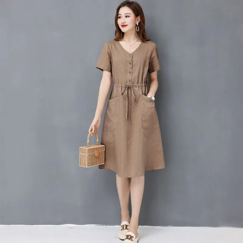 Elegant Cotton and Linen Women's Dress Draw String High Waist Breathable Midi Dresses Half Sleeve V-Neck A-Line Dress Summer