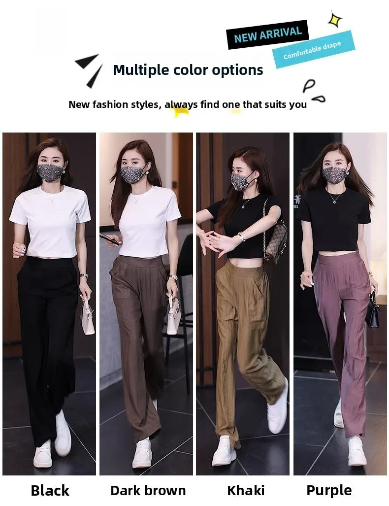 Women's Ice Silk Wide Leg Pants - High Waist Loose Casual Trousers