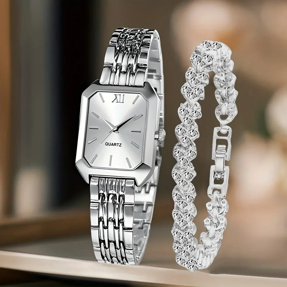 2PCS/Set Fashion Rectangle Women Quartz Watch Ladies Roma Dial Wristwatches Rhinestone Bracelet Set Reloj Mujer Girls Clock Gift