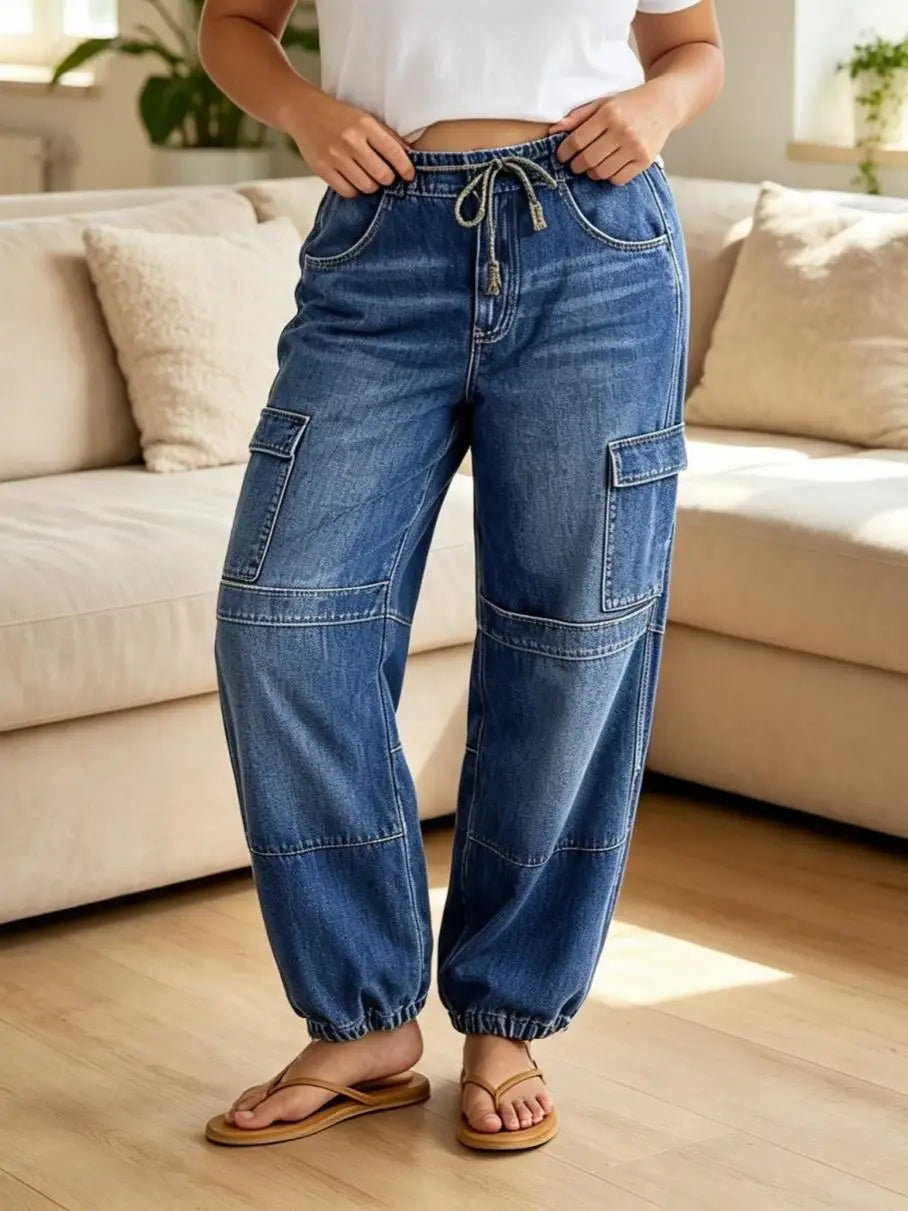 【HME】Jeans | Women Boho Drawstring Denim Pants, Elastic Waist Jogger Denim Jeans, Horizontal Stitch Panel Design, Medium Vintage Wash, Relaxed Baggy Pants For Vacation Daily Casual Wear