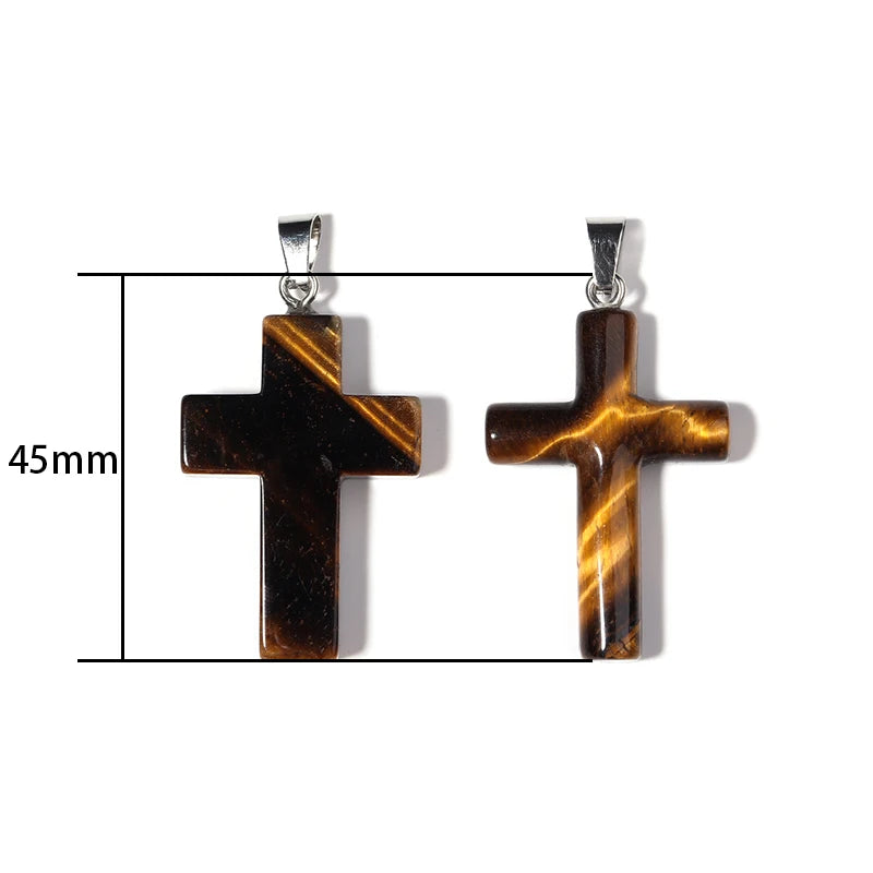 Natural Stone Cross Charm With Metal Loop Tiger Eye Opal Jewelry Prayer Pendant Necklace Making Accessories Diy Components