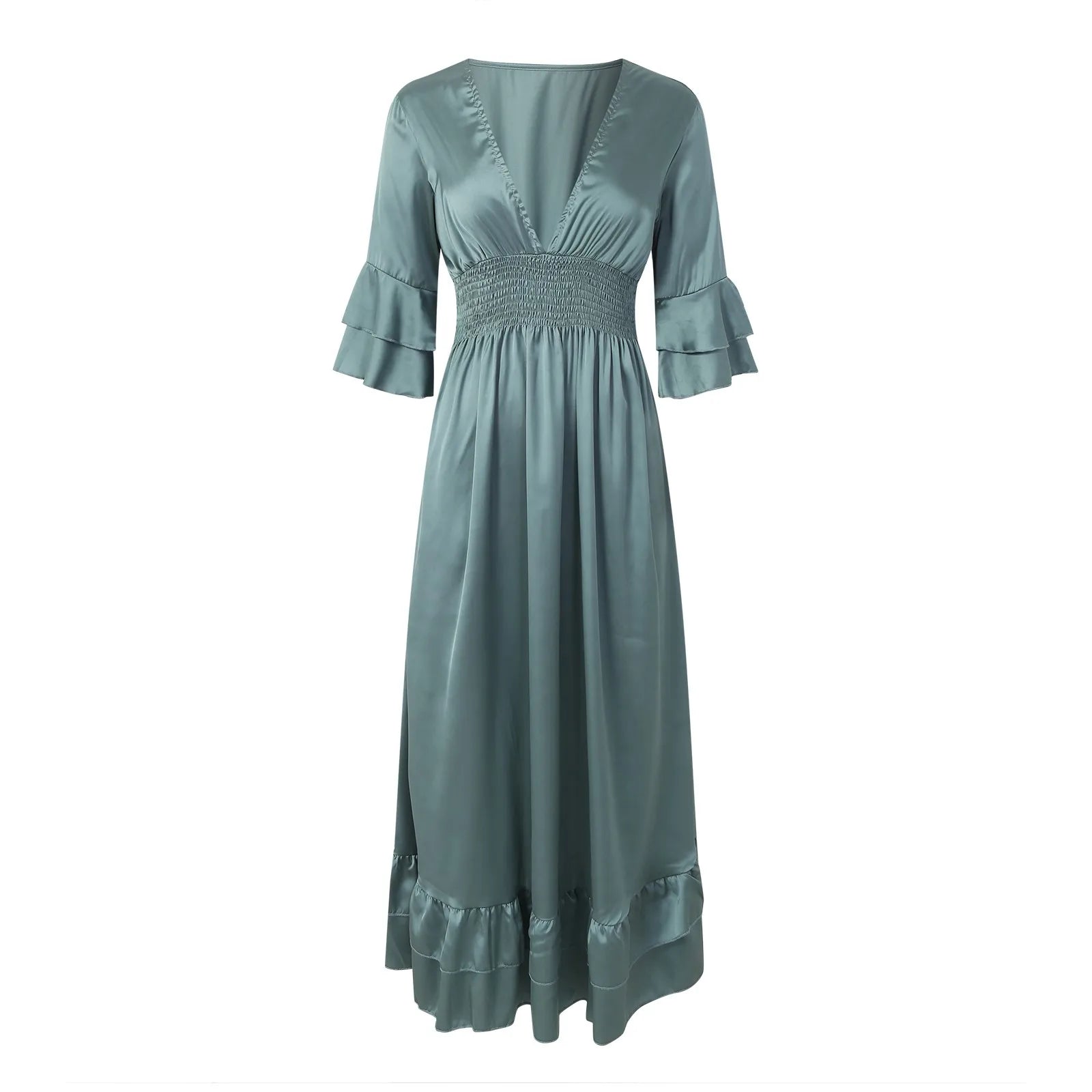 Womens Work Dresses Business Casual Women Sexy V Neck Ruffle 3/4 Sleeve Dress Casual Loose Ruffle Tiered Womens Sweater Dress