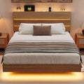 Floating Bed Frame Full with Led Lights and Charging Station, Full Size Platform Bed Frame w/Storage Headboard, Heavy Slats