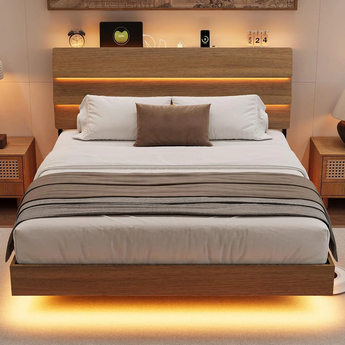 Floating Bed Frame Full with Led Lights and Charging Station, Full Size Platform Bed Frame w/Storage Headboard, Heavy Slats