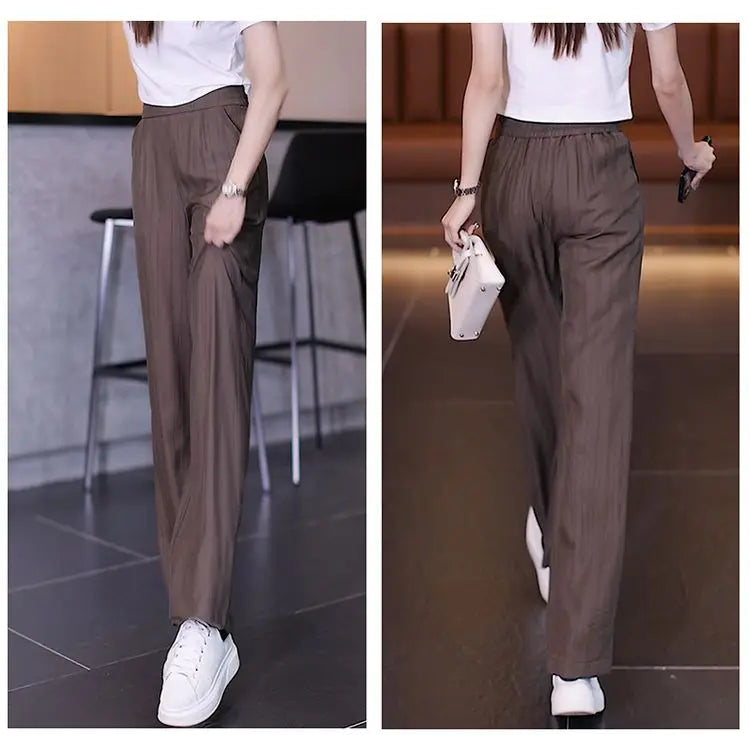 Women's Ice Silk Wide Leg Pants - High Waist Loose Casual Trousers