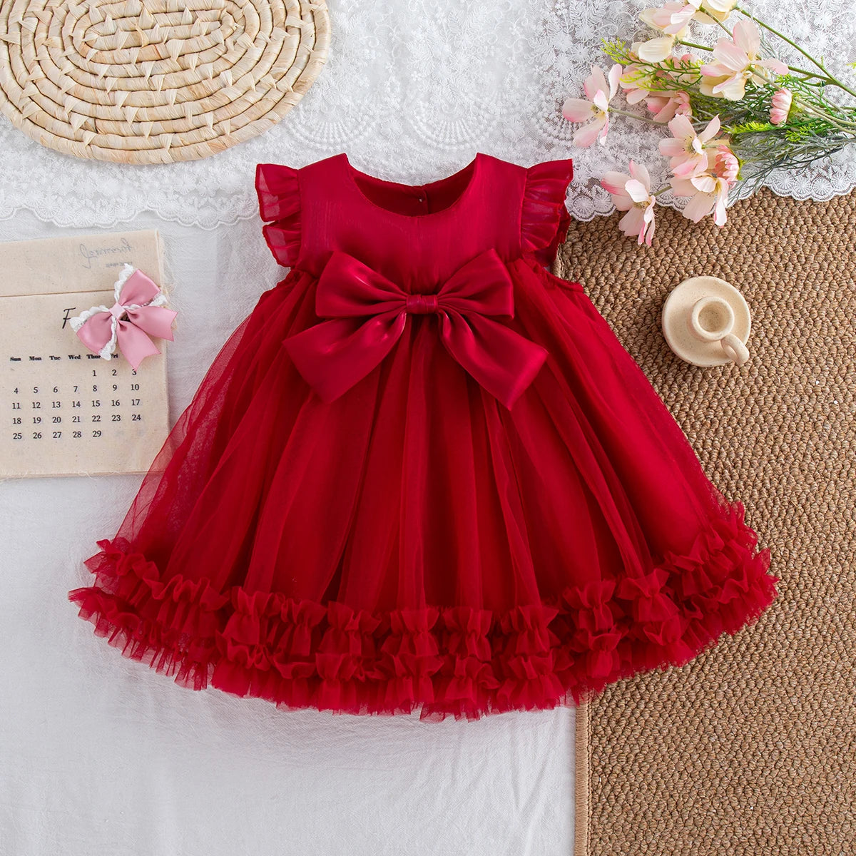 Baby Girl Sleeveless Bow Princess Dress - Solid Polyester Ball Gown