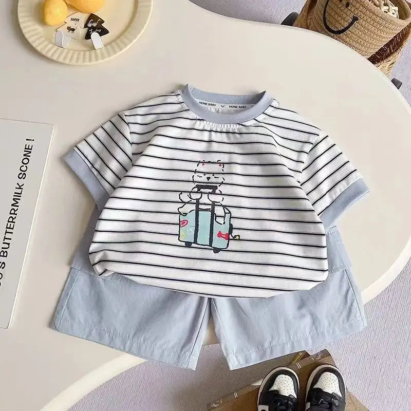 Kids Outdoor Sports Set Boys Girls Summer Short Sleeve T-Shirt Shorts Two-Piece Set Kids' Casual Striped T-Shirt 1-6 Year Set