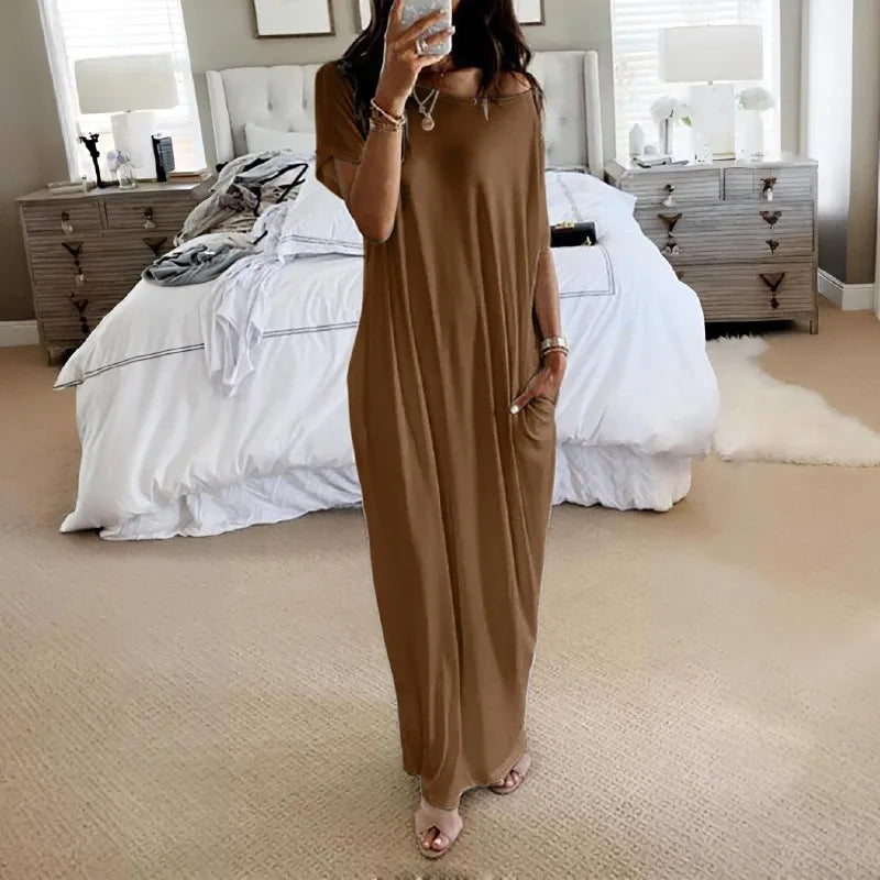 Women's Summer Solid Short Sleeve Maxi Dress Casual Loose Fit for Beach Holiday and Daily Leisure