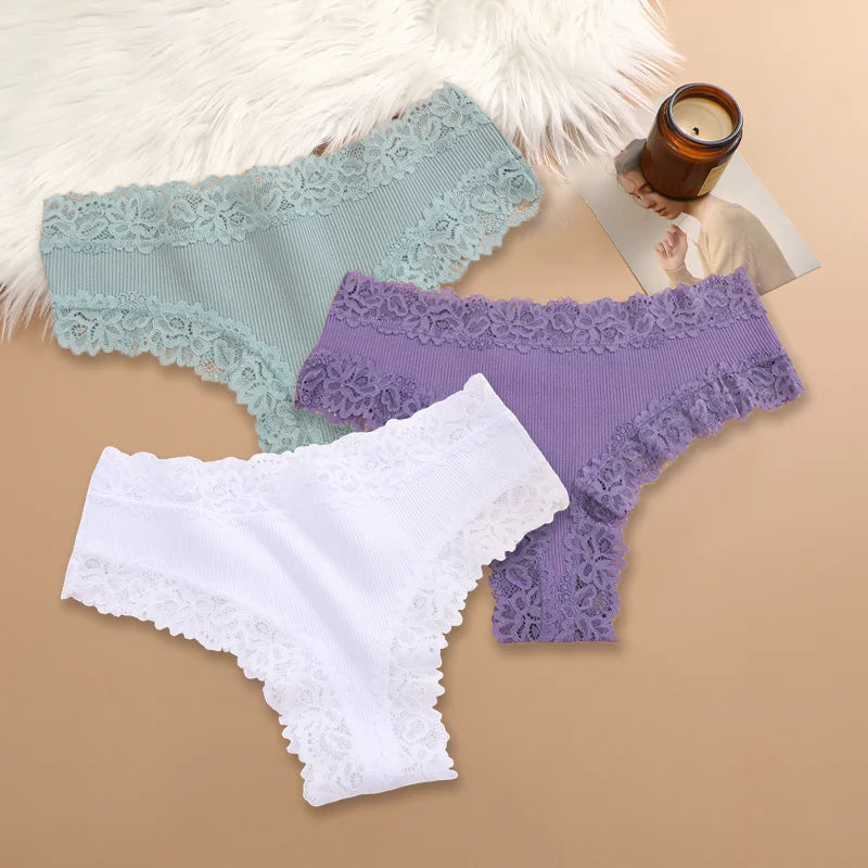 Women Cotton Panties Set 3 Pieces Floral Lace Patchwork Briefs Breathable Soft Underwear Size S XL