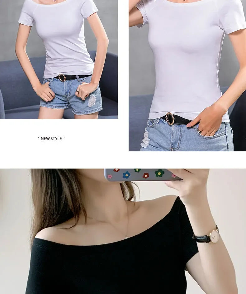 MRMT 2026 Brand New Women's T Shirt Cotton Slim Fit Short Sleeve T-Shirt For Female Off Shoulder Tops One Line Neck Tshirt