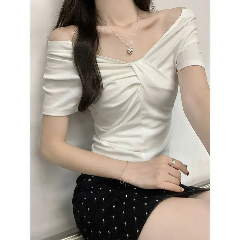 Pure Cotton Black Two-wear One-shoulder Short-sleeved T-shirt for Women's New Hot Girl Sexy Slim and Versatile Short Top