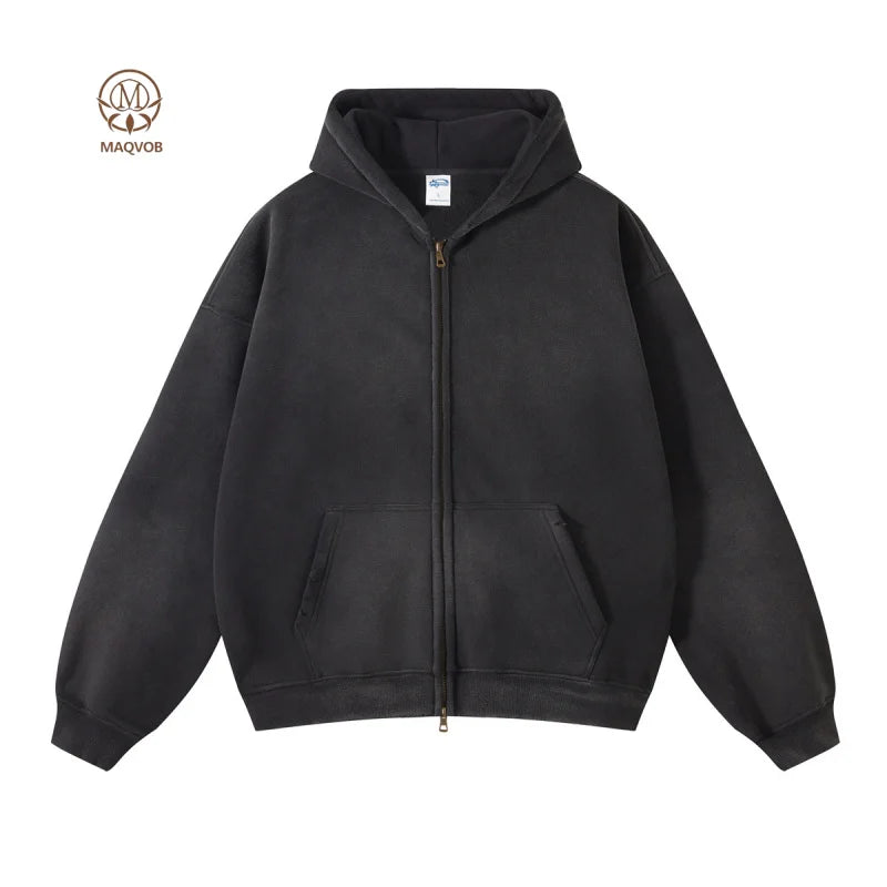 Maqvob European And American High Street Autumn Tie Dye Washed Vintage 360G Fleece Lined Double Zip Puller Sweatshirt Hoodie
