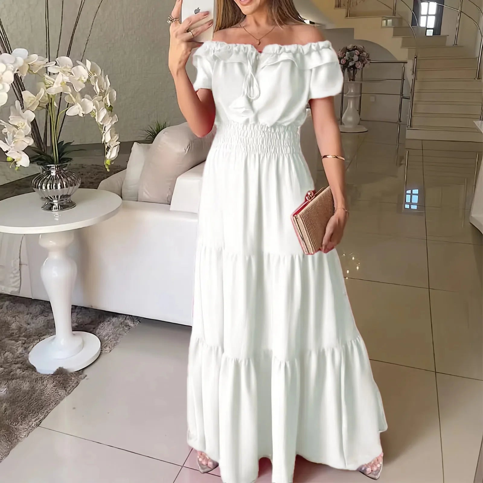 2026 Elegant Women's Off Shoulder Ruffle Sleeve Dress Fashion Solid Color Elastic Waist Tiered Maxi Dresses
