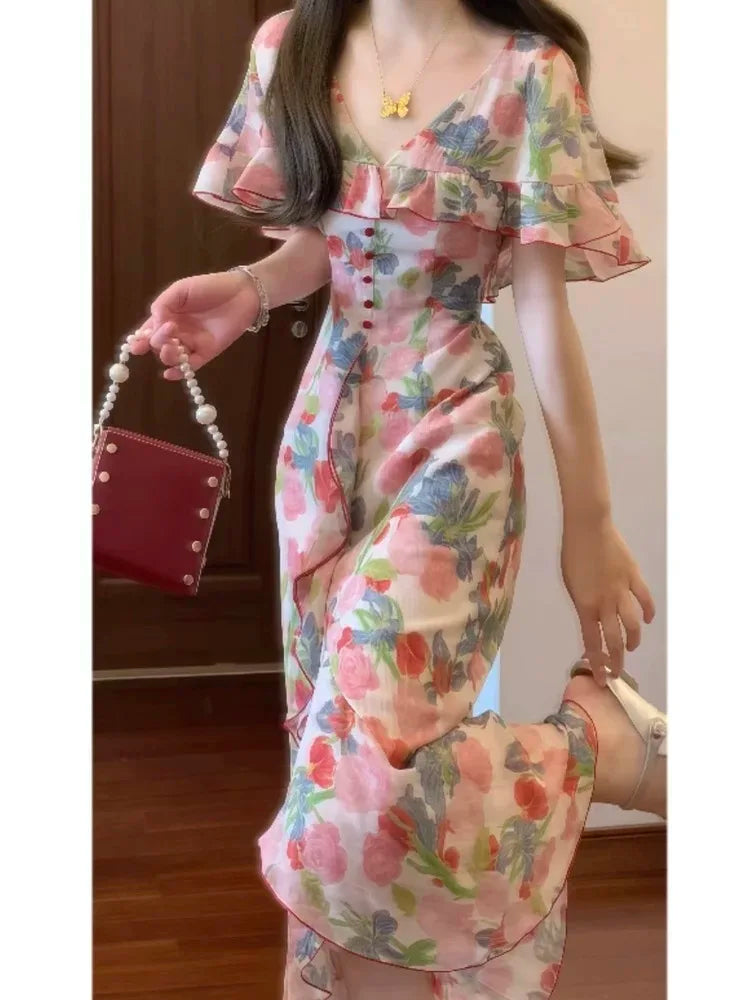 Romantic Elegant Vintage Floral Print Women's Dress Summer Slimming Long Skirt High Waist Short Sleeve A-Line Midi Dress